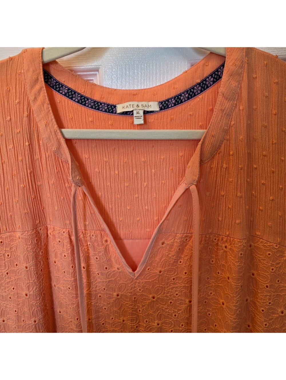 Kate & Sam Women's Coral Orange Eyelet Dress with Tassel Ties- XL - Picture 2 of 9